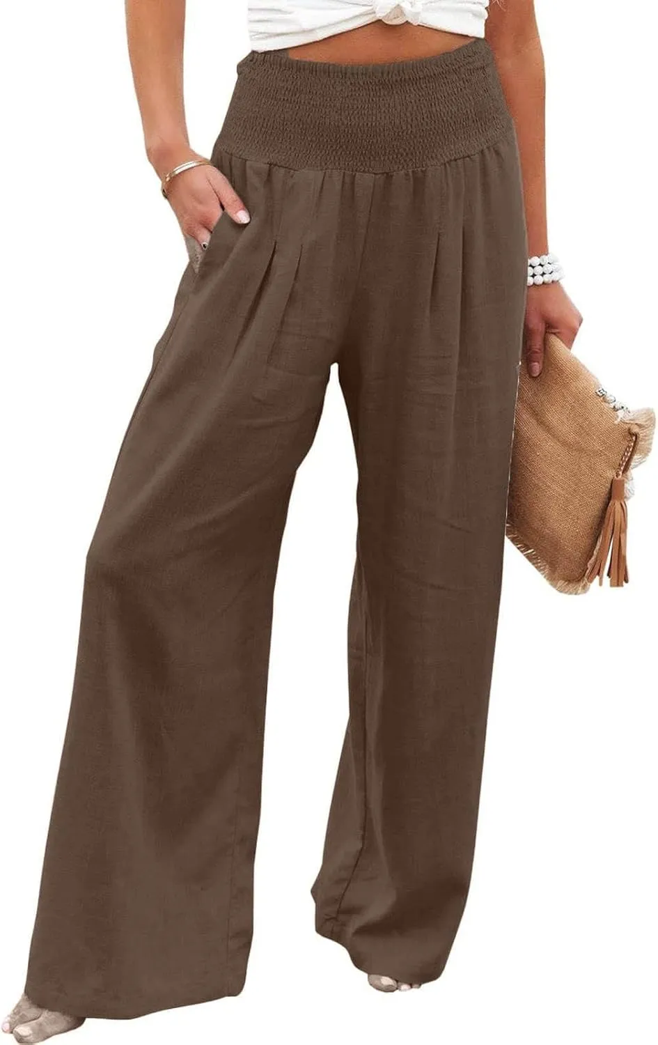 Womens Summer Cotton Linen Pants Casual Straight Leg Elastic High Waist Loose Palazzo Trousers with Pockets