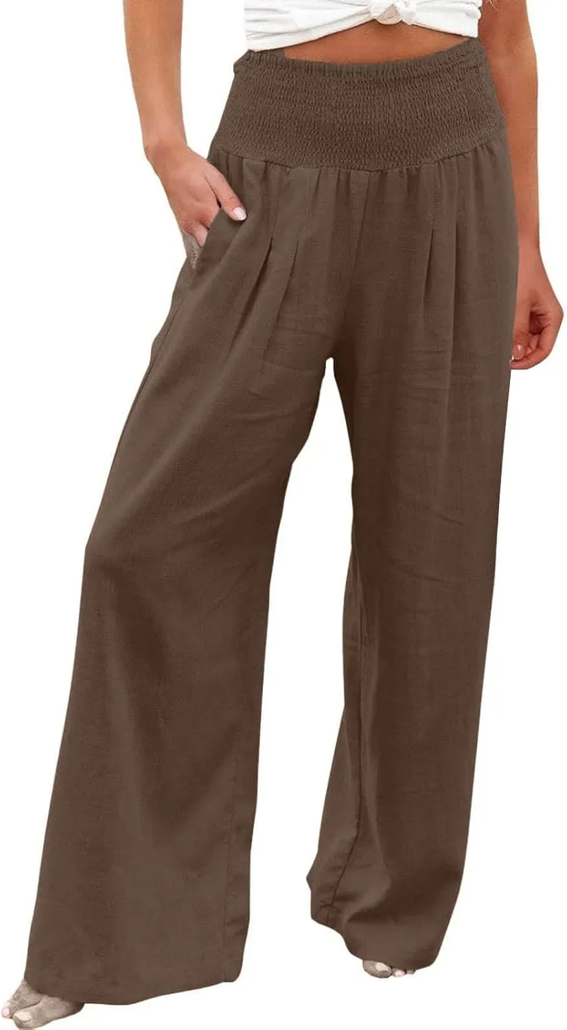Womens Summer Cotton Linen Pants Casual Straight Leg Elastic High Waist Loose Palazzo Trousers with Pockets