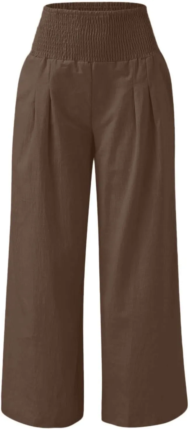 Womens Summer Cotton Linen Pants Casual Straight Leg Elastic High Waist Loose Palazzo Trousers with Pockets