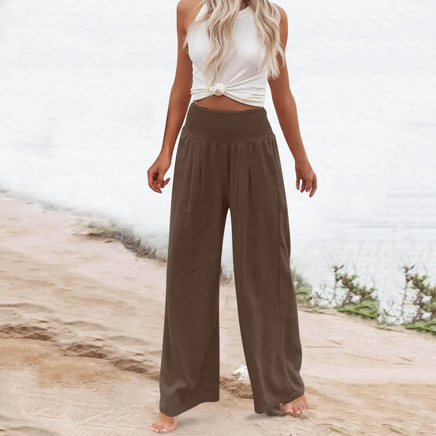Womens Summer Cotton Linen Pants Casual Straight Leg Elastic High Waist Loose Palazzo Trousers with Pockets