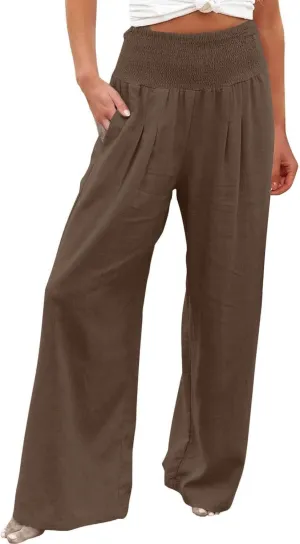 Womens Summer Cotton Linen Pants Casual Straight Leg Elastic High Waist Loose Palazzo Trousers with Pockets