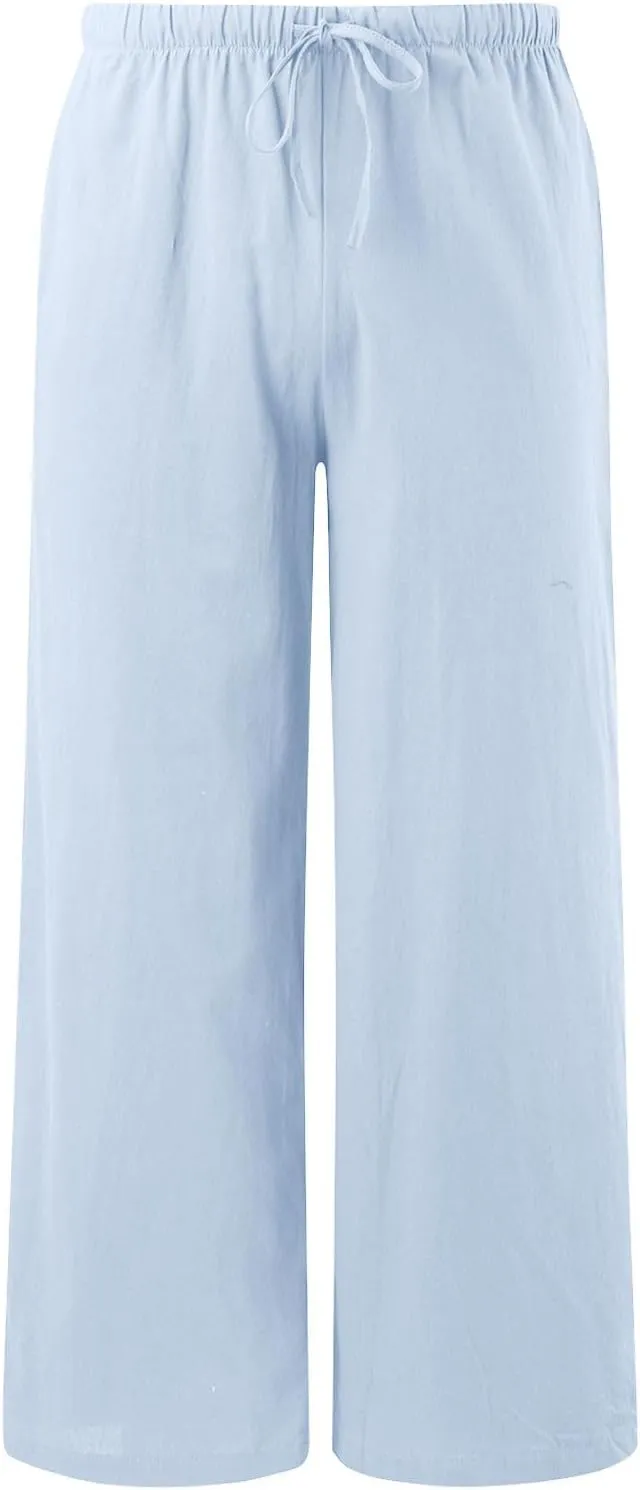 Women's Summer Cotton Linen Pants High Waist Drawstring Palazzo Pants Flowy Trousers Beach Bottom Lounge Pants with Pockets