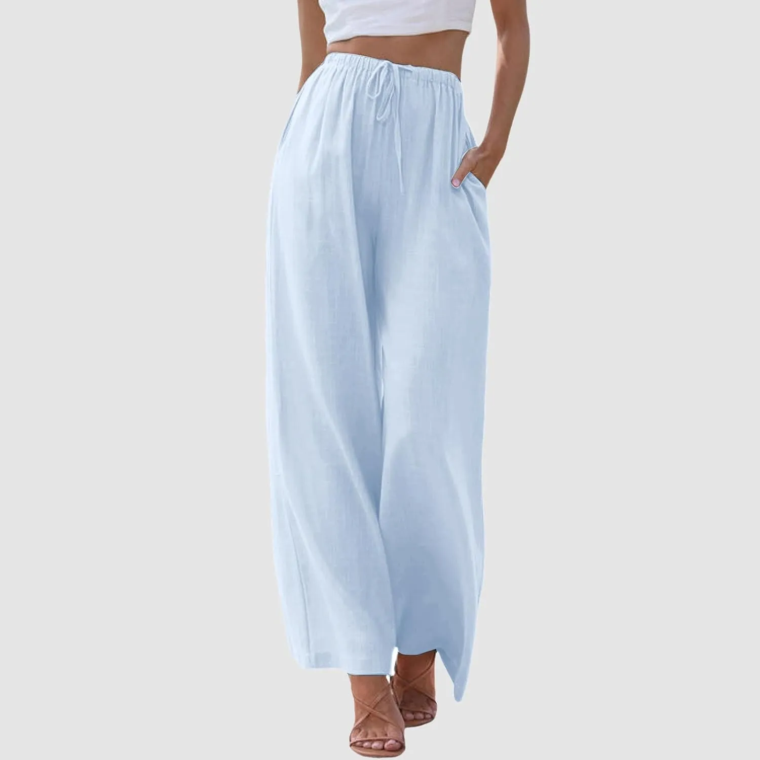 Women's Summer Cotton Linen Pants High Waist Drawstring Palazzo Pants Flowy Trousers Beach Bottom Lounge Pants with Pockets