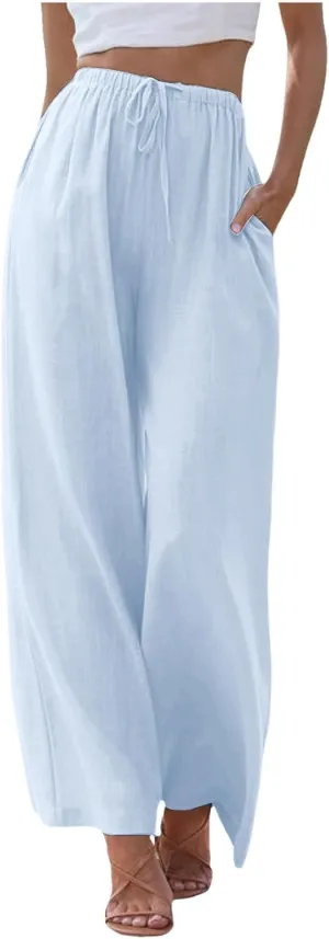 Women's Summer Cotton Linen Pants High Waist Drawstring Palazzo Pants Flowy Trousers Beach Bottom Lounge Pants with Pockets