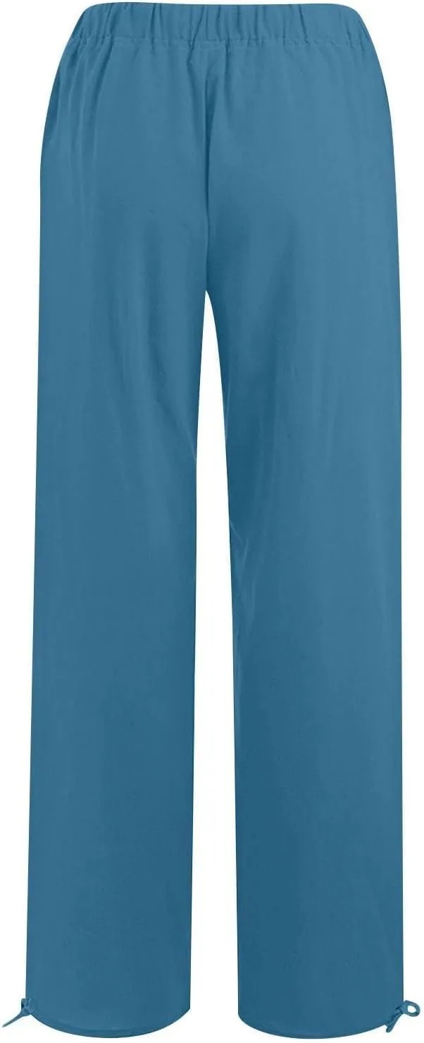 Women's Summer Drawstring Waist Wide Leg Loose Cotton Linen Palazzo Pants Drawstring Casual Trousers Plus Size