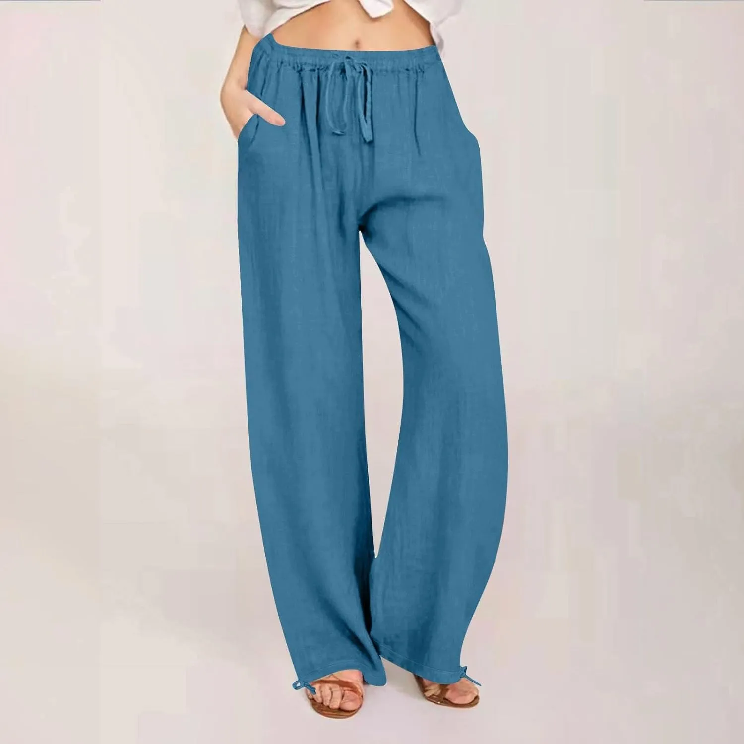 Women's Summer Drawstring Waist Wide Leg Loose Cotton Linen Palazzo Pants Drawstring Casual Trousers Plus Size