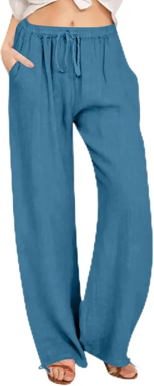 Women's Summer Drawstring Waist Wide Leg Loose Cotton Linen Palazzo Pants Drawstring Casual Trousers Plus Size