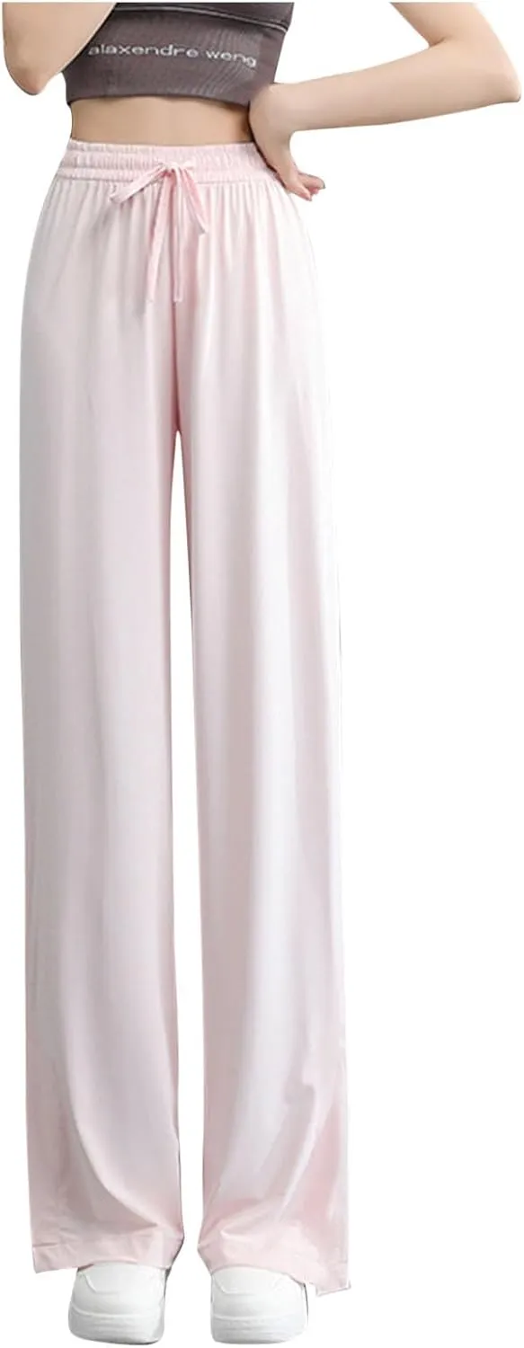 Women's Summer Ice Silk Pants Drawstring High Waist Wide Leg Full Length Loose Casual Sweatpants with Pockets
