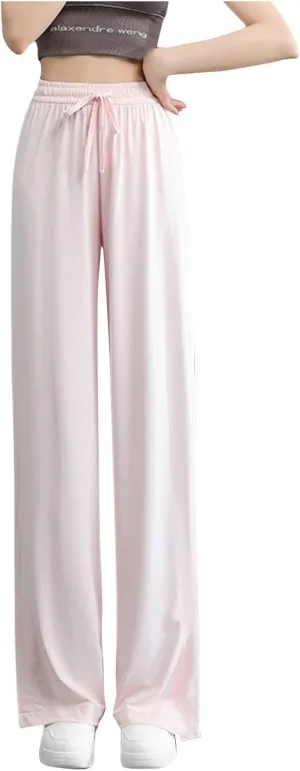 Women's Summer Ice Silk Pants Drawstring High Waist Wide Leg Full Length Loose Casual Sweatpants with Pockets