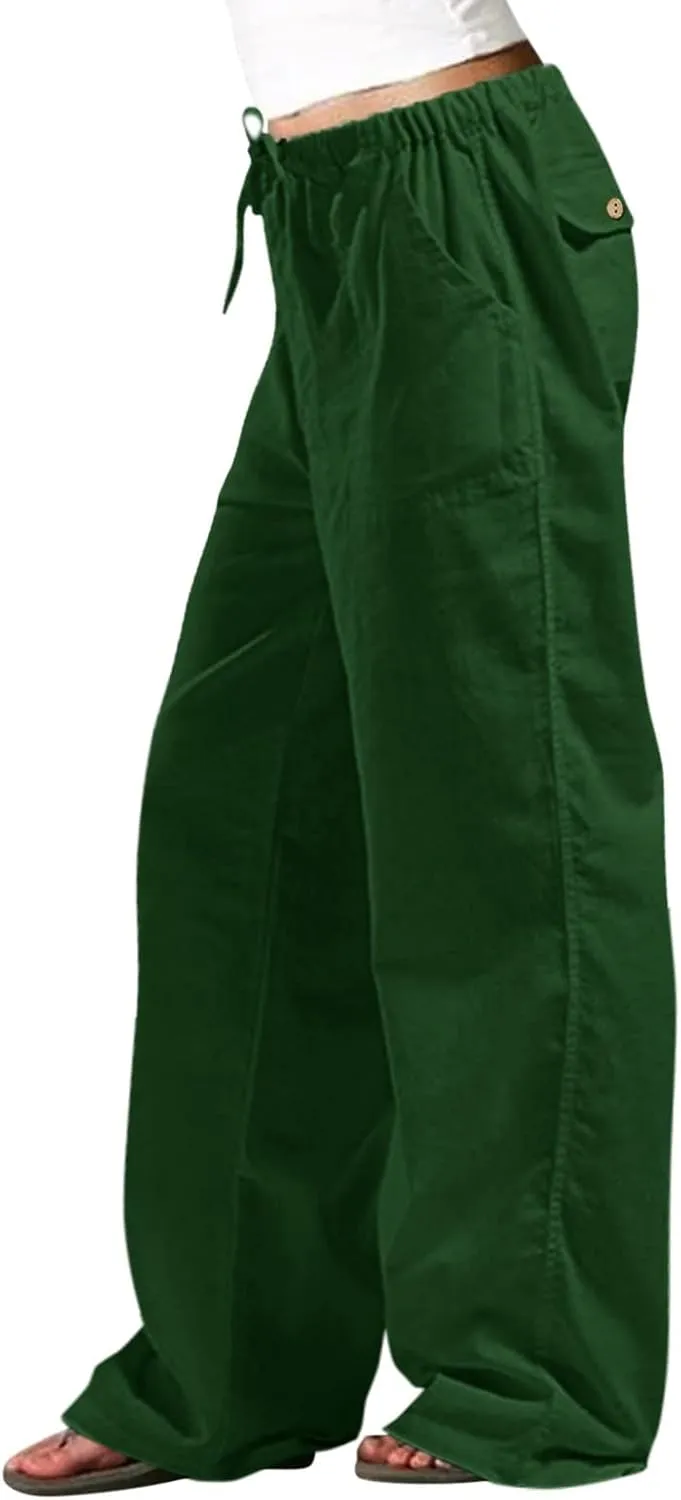 Womens Summer Linen Pants Casual High Waisted Loose Lightweight Pants Wide Leg Slacks Baggy Drawstring Stretchy Trousers