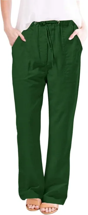 Womens Summer Linen Pants Casual High Waisted Loose Lightweight Pants Wide Leg Slacks Baggy Drawstring Stretchy Trousers