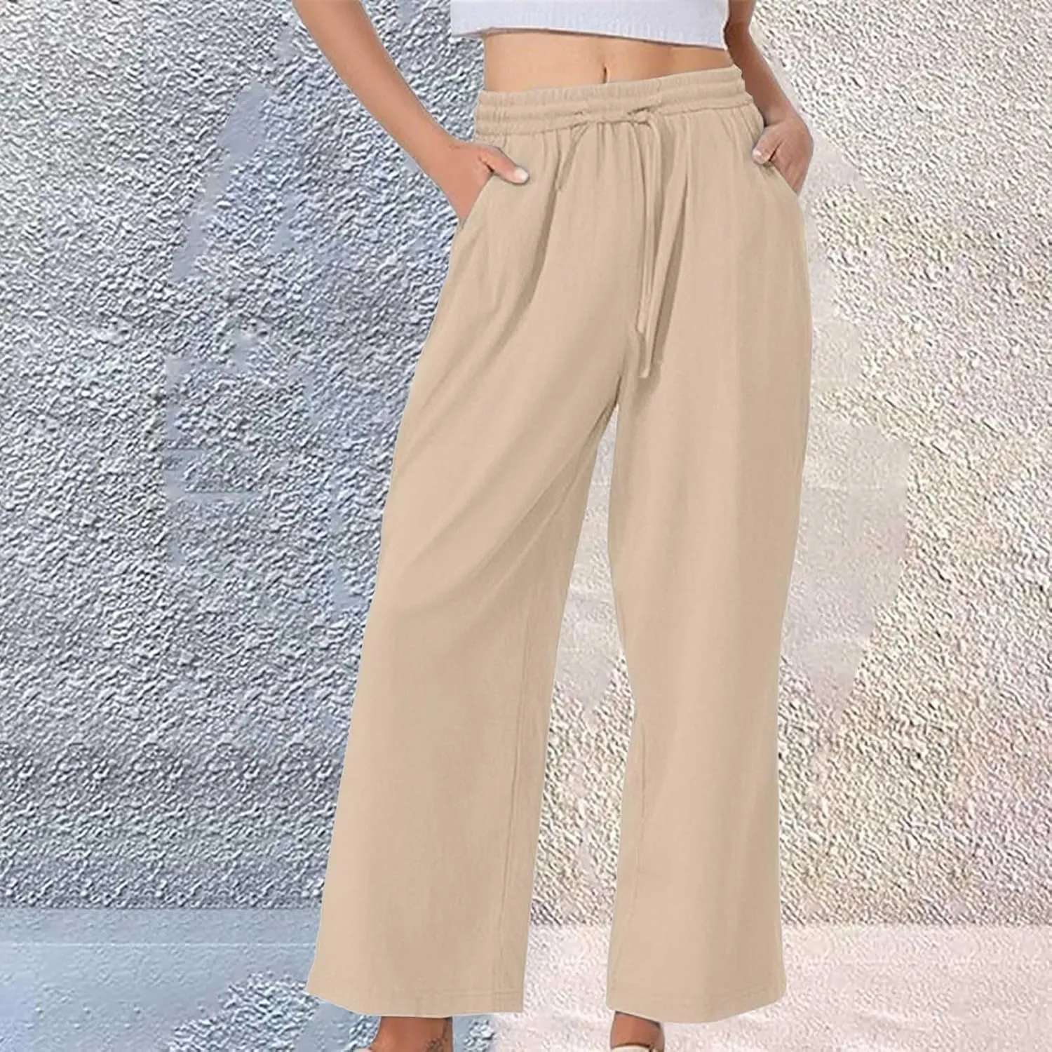 Women's Summer Pants Cotton Linen Drawstring Straight Leg Trousers Summer Lightweight Breahable Joggers Casual Pants