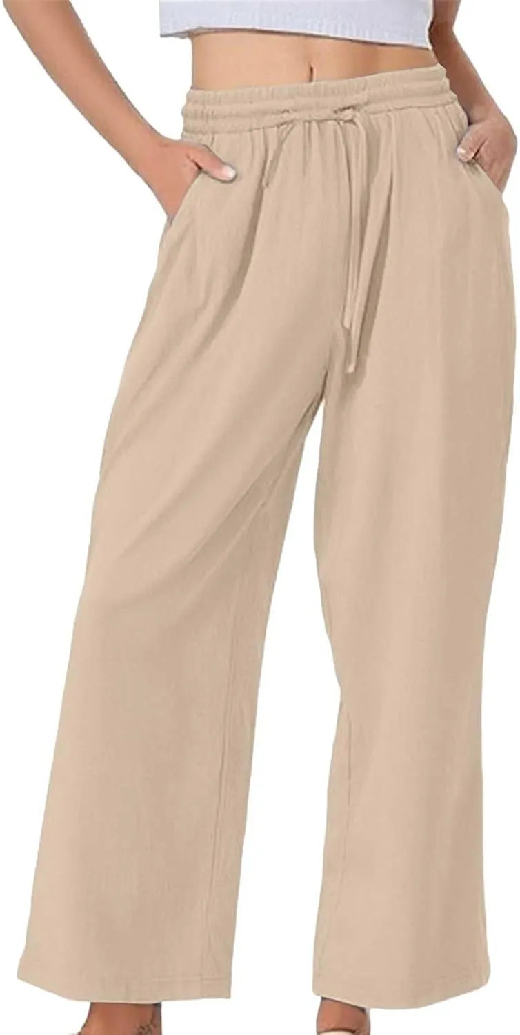 Women's Summer Pants Cotton Linen Drawstring Straight Leg Trousers Summer Lightweight Breahable Joggers Casual Pants