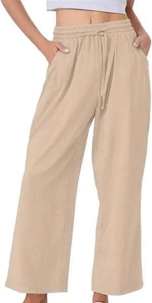 Women's Summer Pants Cotton Linen Drawstring Straight Leg Trousers Summer Lightweight Breahable Joggers Casual Pants
