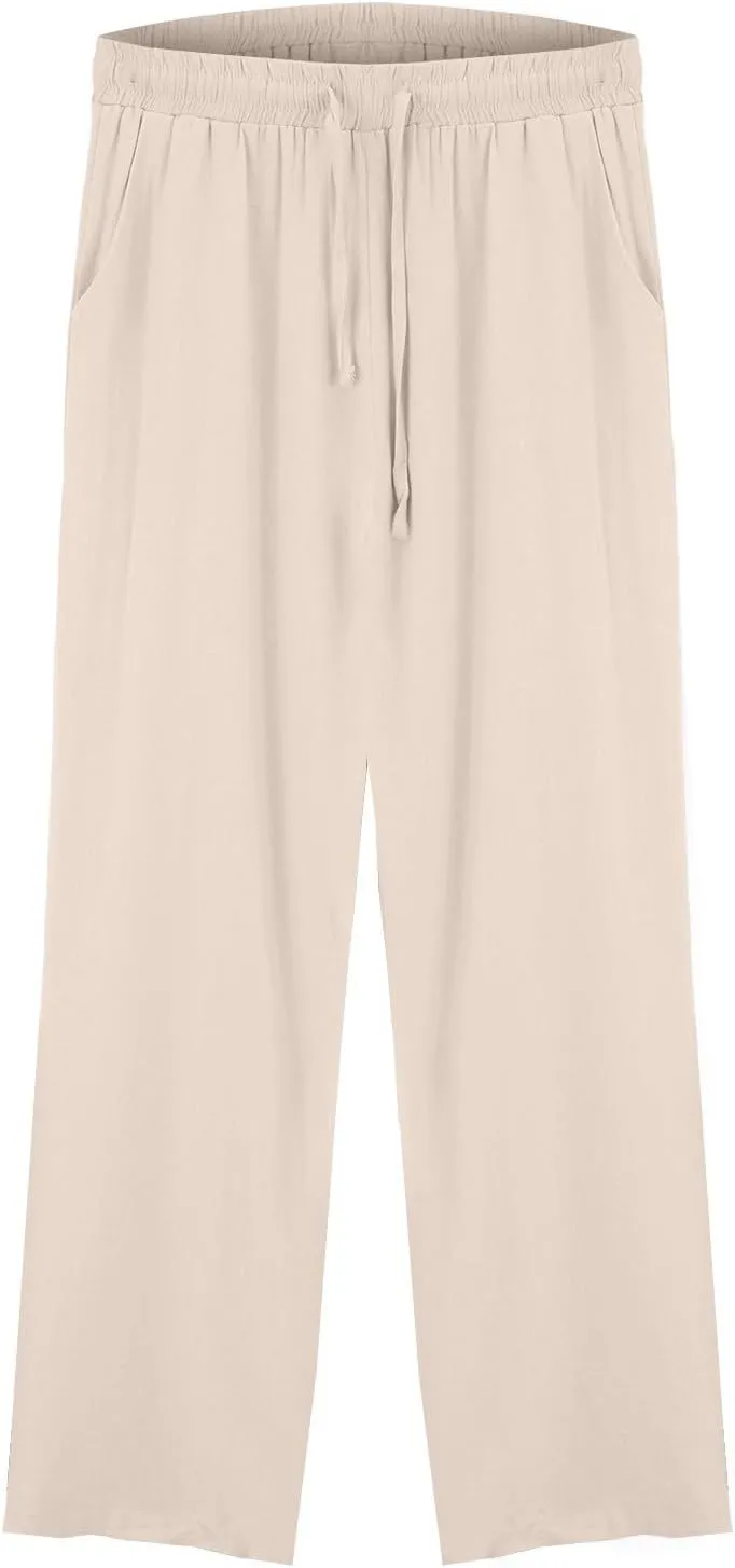 Women's Summer Pants Cotton Linen Drawstring Straight Leg Trousers Summer Lightweight Breahable Joggers Casual Pants