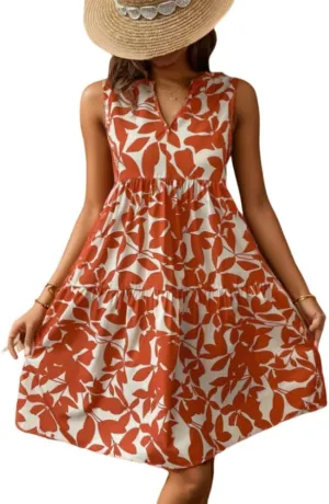 Womens Summer Sleeveless Floral Print A Line Ruffle Mini Dress Trendy Casual Loose V Neck Pleated Beach Dresses