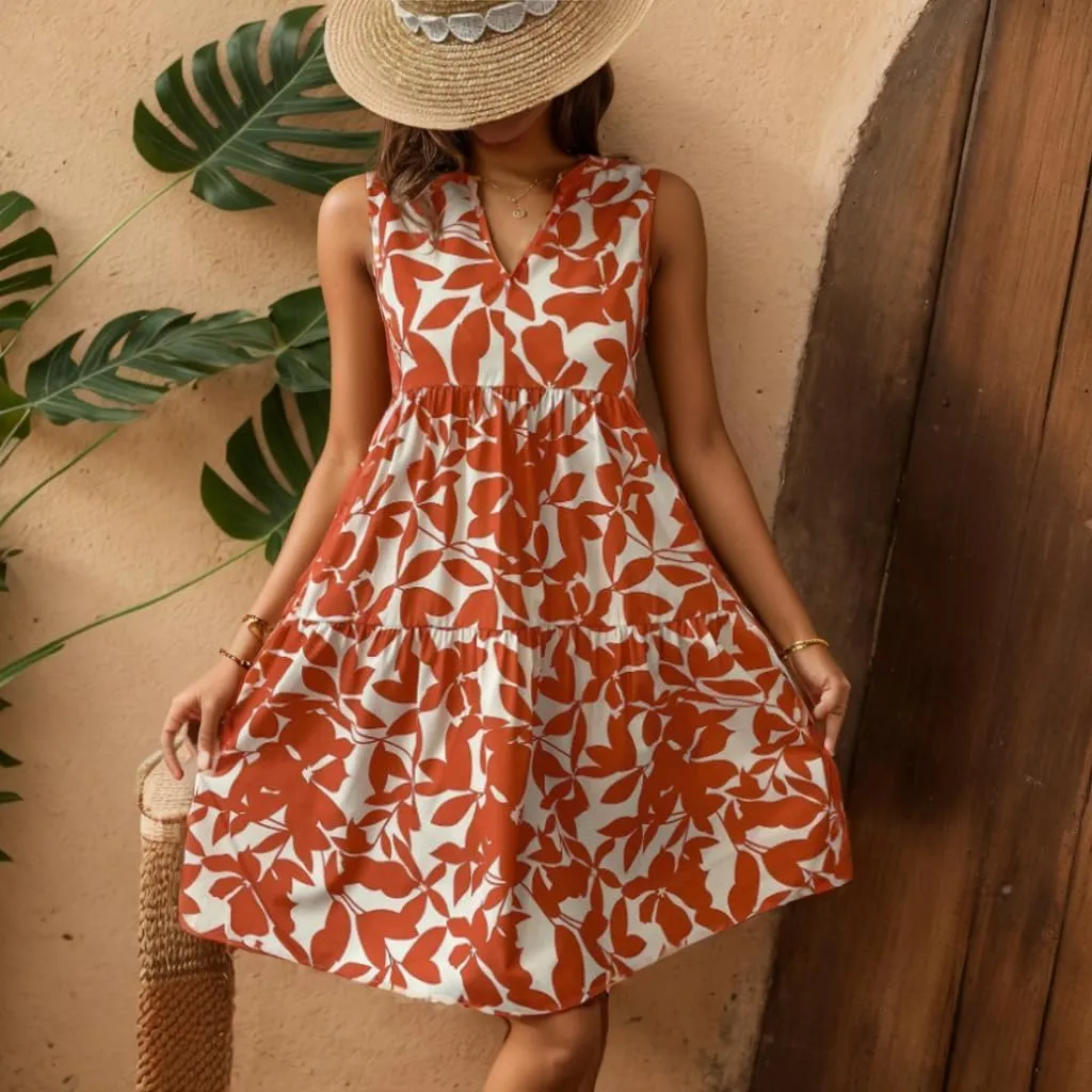 Womens Summer Sleeveless Floral Print A Line Ruffle Mini Dress Trendy Casual Loose V Neck Pleated Beach Dresses