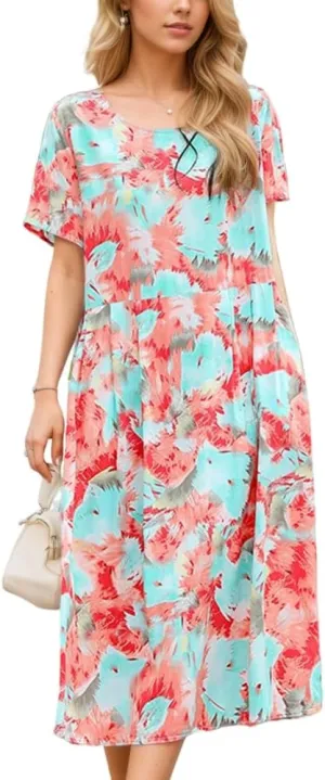 Women's Summer Smocked Colorful Floral Short Sleeve Dress Casual Baggy Tiered Beach Vacation Maxi Dresses for Women
