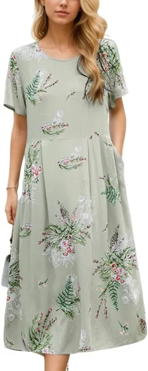 Women's Summer Smocked Colorful Floral Short Sleeve Dress Casual Baggy Tiered Beach Vacation Maxi Dresses for Women
