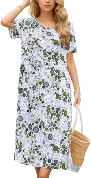 Women's Summer Smocked Colorful Floral Short Sleeve Dress Casual Baggy Tiered Beach Vacation Maxi Dresses for Women