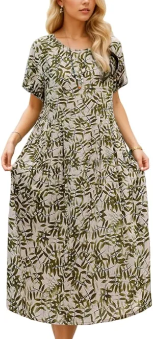 Women's Summer Smocked Colorful Floral Short Sleeve Dress Casual Baggy Tiered Beach Vacation Maxi Dresses for Women