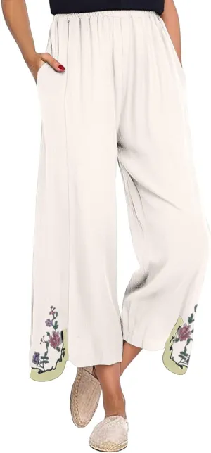 Women's Summer Solid Color Embroidery Linen Wide Leg Pants Elastic Waist Casual Capris Palazzo Trousers with Pockets