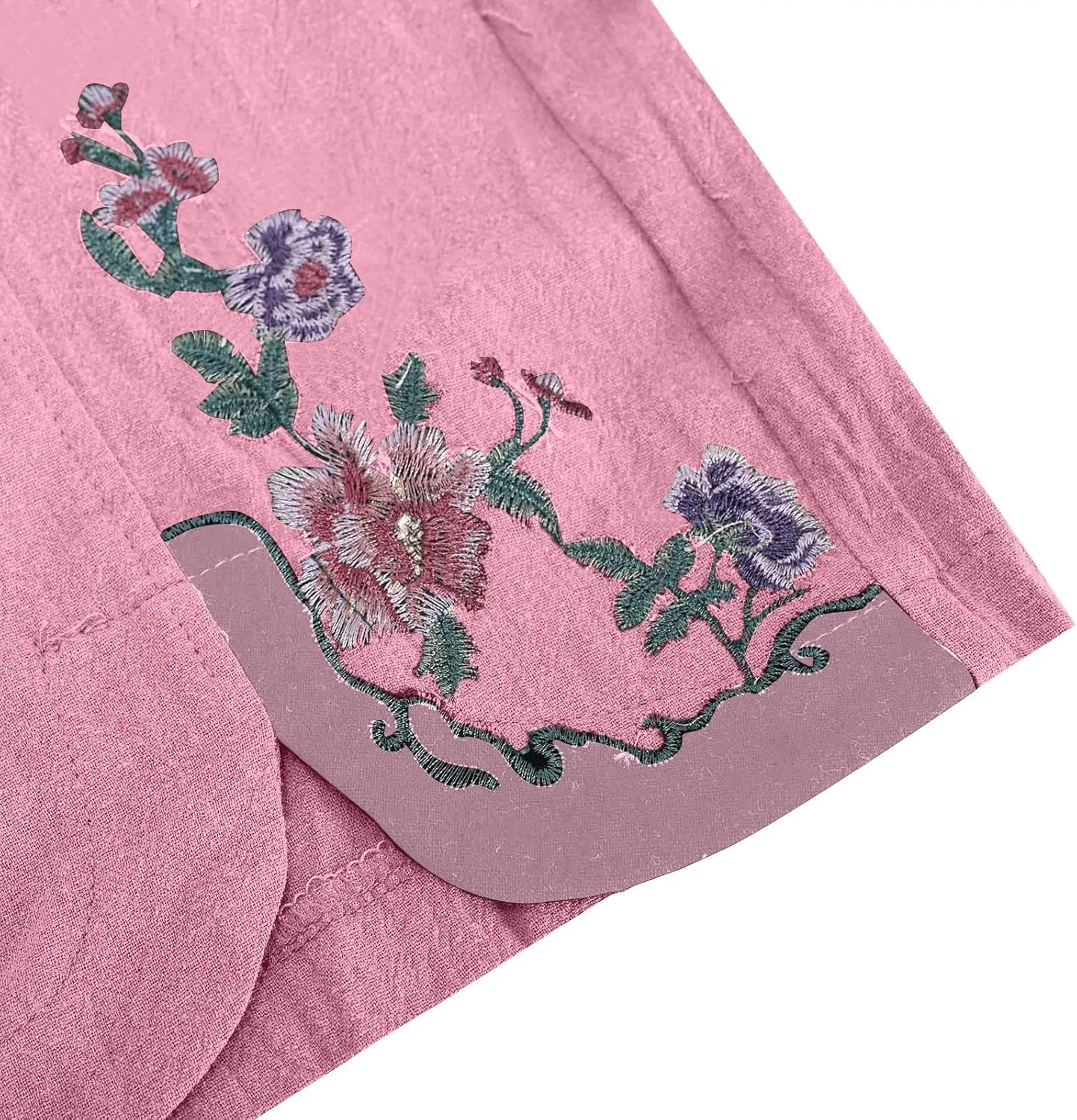 Women's Summer Solid Color Embroidery Linen Wide Leg Pants Elastic Waist Casual Capris Palazzo Trousers with Pockets
