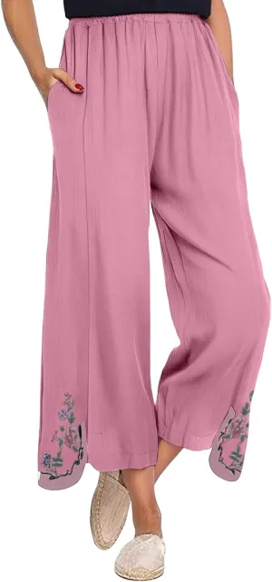 Women's Summer Solid Color Embroidery Linen Wide Leg Pants Elastic Waist Casual Capris Palazzo Trousers with Pockets