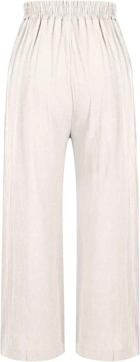 Women's Summer Solid Color Embroidery Linen Wide Leg Pants Elastic Waist Casual Capris Palazzo Trousers with Pockets