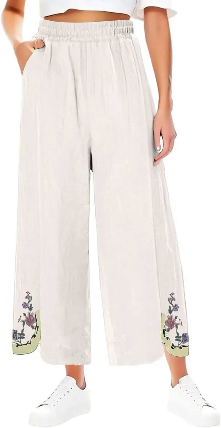 Women's Summer Solid Color Embroidery Linen Wide Leg Pants Elastic Waist Casual Capris Palazzo Trousers with Pockets