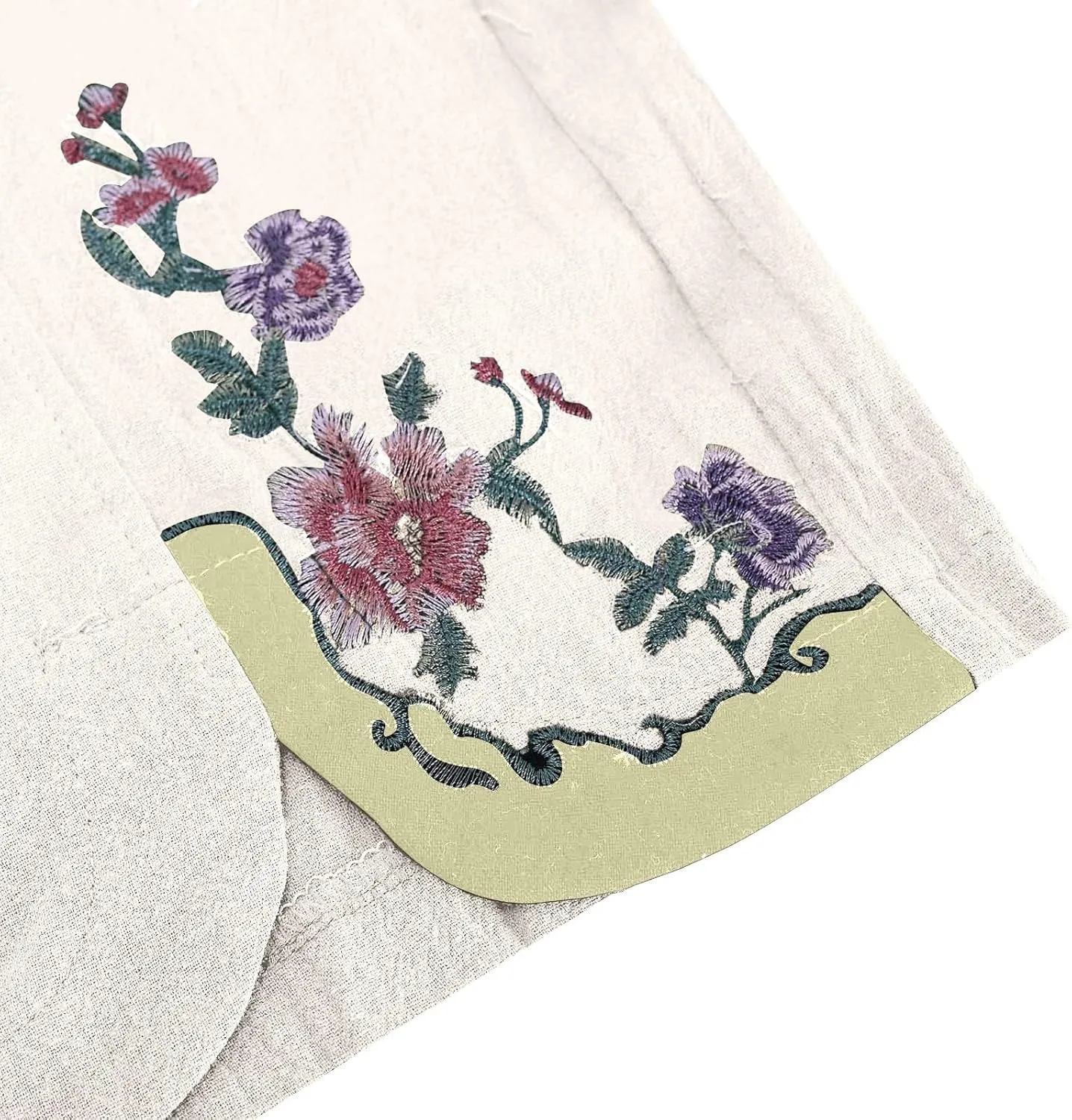 Women's Summer Solid Color Embroidery Linen Wide Leg Pants Elastic Waist Casual Capris Palazzo Trousers with Pockets