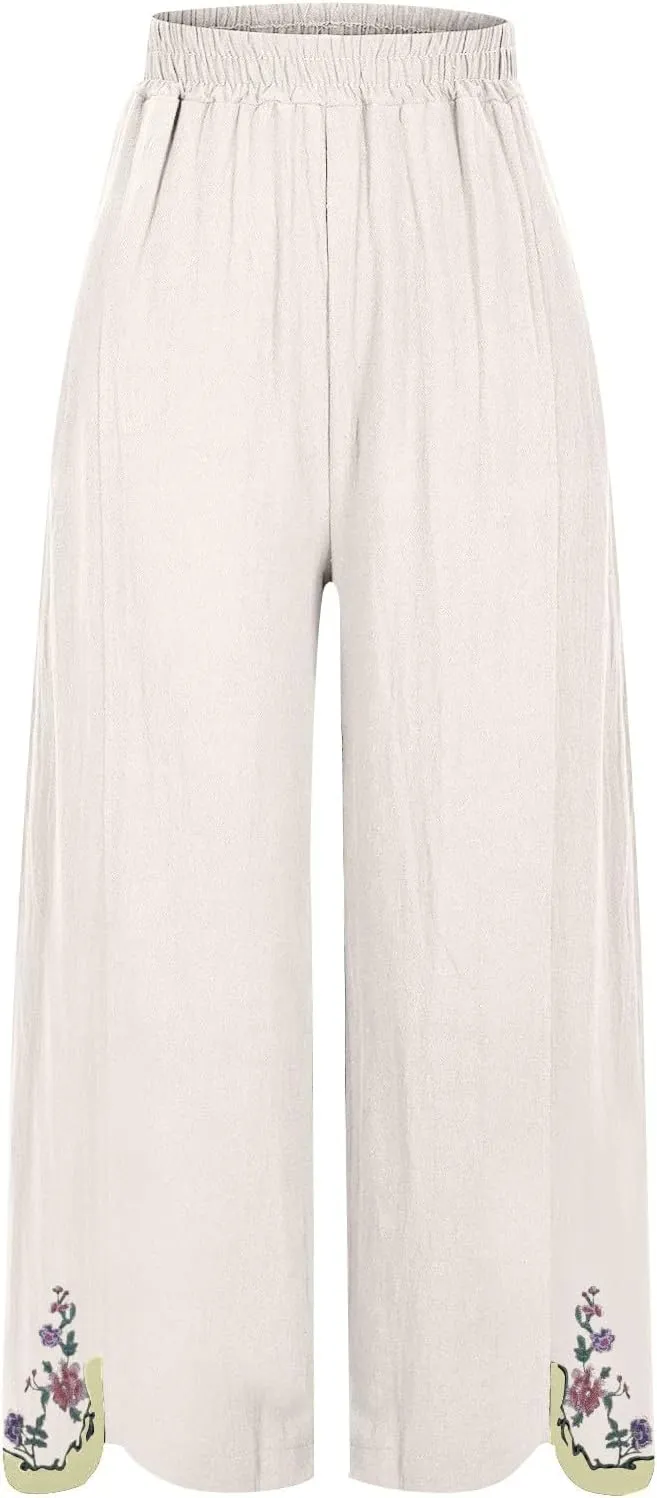 Women's Summer Solid Color Embroidery Linen Wide Leg Pants Elastic Waist Casual Capris Palazzo Trousers with Pockets