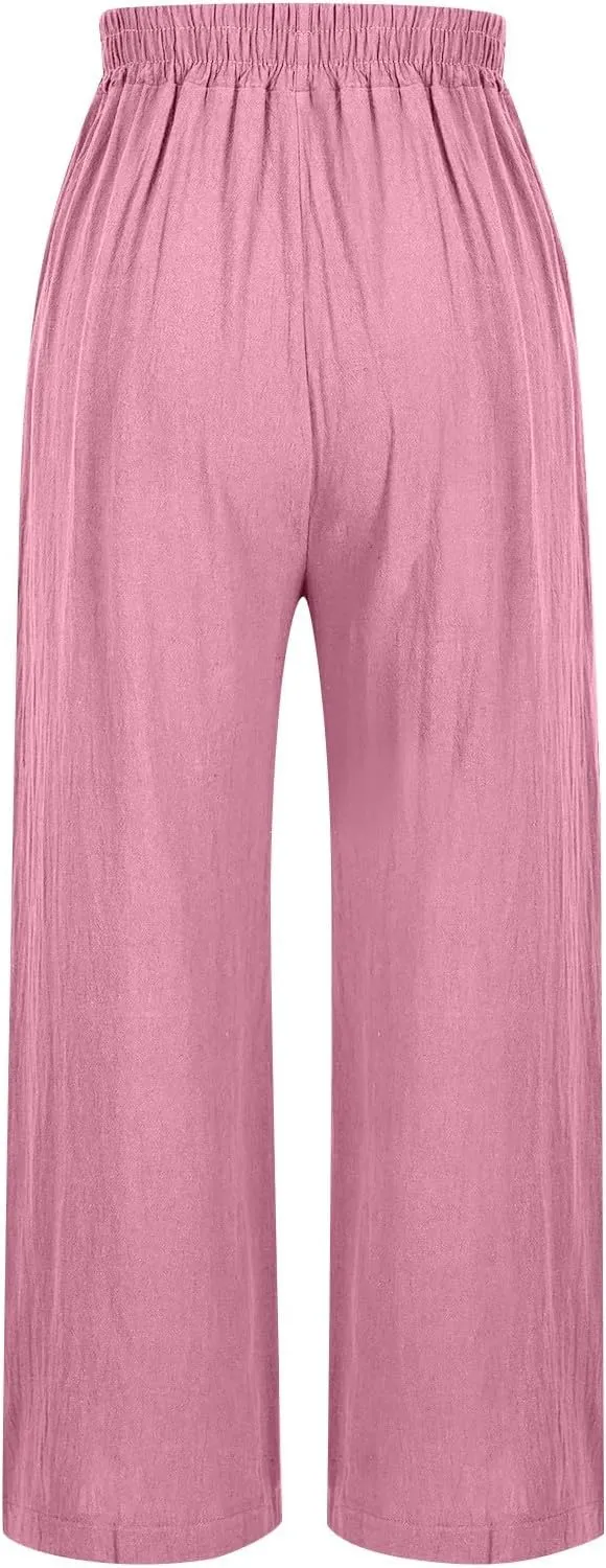 Women's Summer Solid Color Embroidery Linen Wide Leg Pants Elastic Waist Casual Capris Palazzo Trousers with Pockets