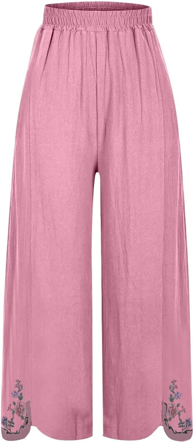 Women's Summer Solid Color Embroidery Linen Wide Leg Pants Elastic Waist Casual Capris Palazzo Trousers with Pockets