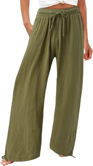 Womens Trousers High Waisted Drawstring Cotton Linen Pants Wide Leg Lounge Pants with Pockets, Small-5X-Large