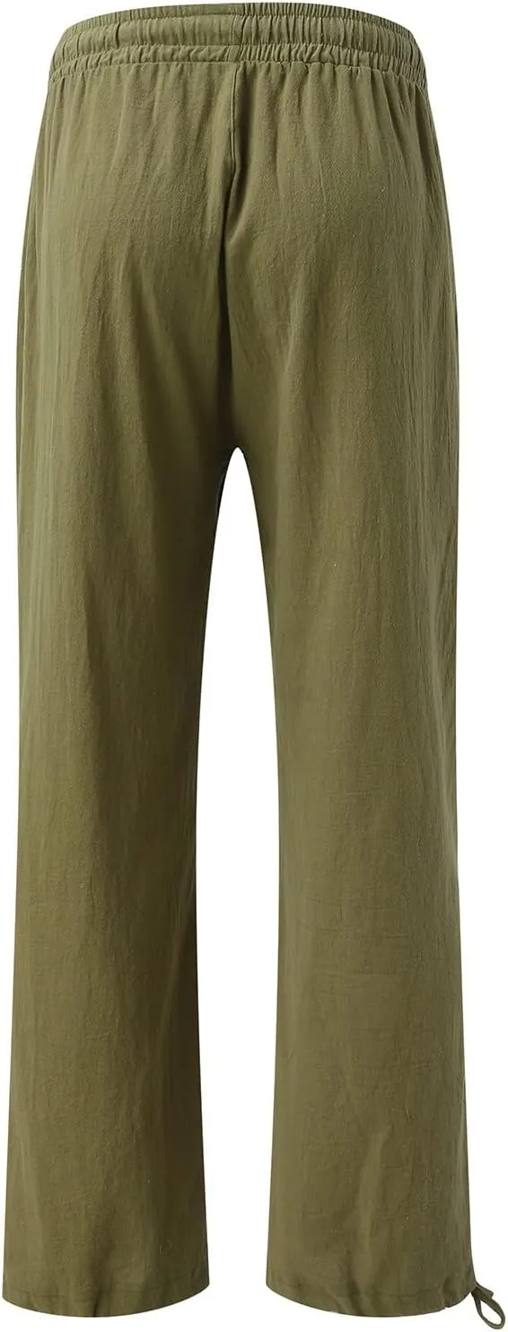 Womens Trousers High Waisted Drawstring Cotton Linen Pants Wide Leg Lounge Pants with Pockets, Small-5X-Large