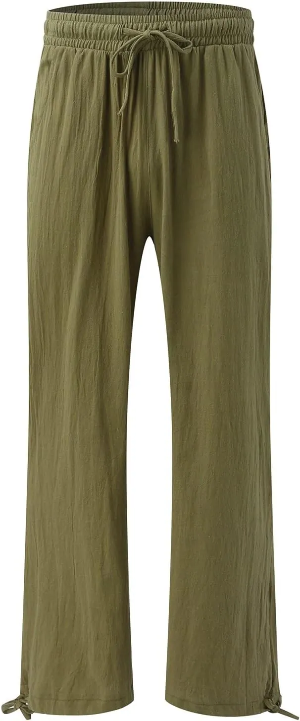Womens Trousers High Waisted Drawstring Cotton Linen Pants Wide Leg Lounge Pants with Pockets, Small-5X-Large