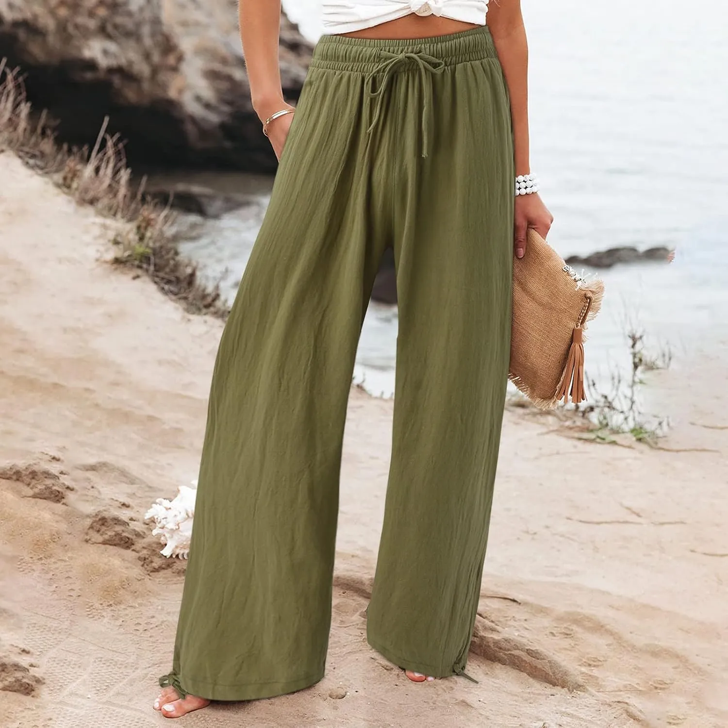 Womens Trousers High Waisted Drawstring Cotton Linen Pants Wide Leg Lounge Pants with Pockets, Small-5X-Large