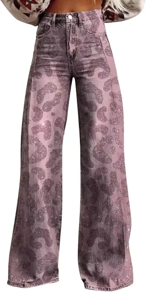 Womens Vintage Wide Leg Pants Fashion High Waisted Casual Denim Pants 90s Floral Printed Pull On Baggy Trousers