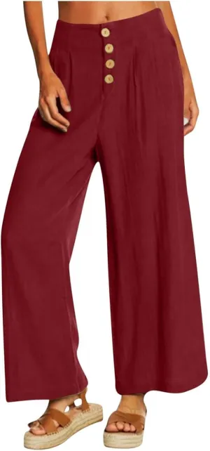 Women's Wide Leg Casual Pants Summer High Waisted Cotton Linen Palazzo Trousers Long Pants with Pocket