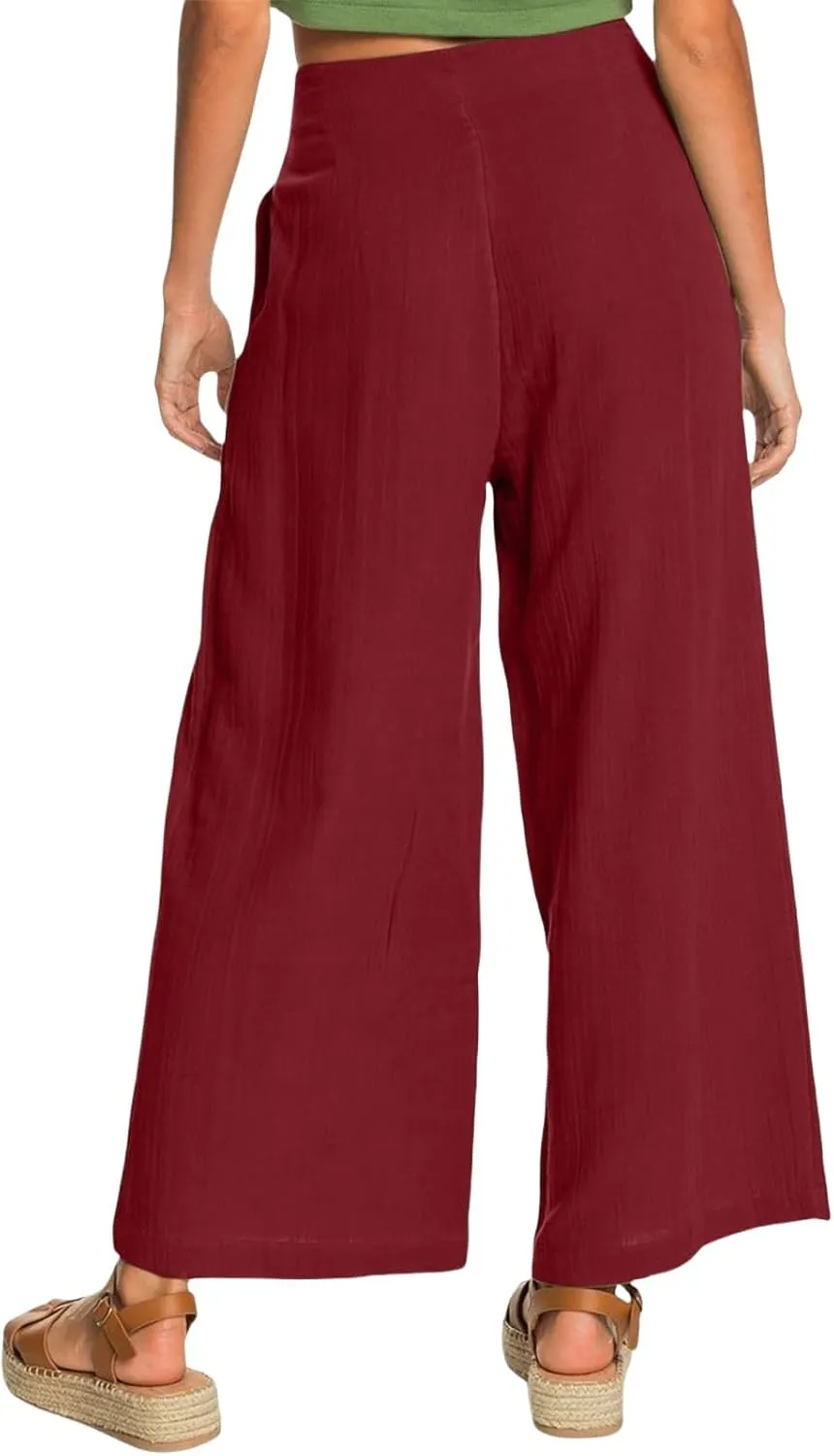 Women's Wide Leg Casual Pants Summer High Waisted Cotton Linen Palazzo Trousers Long Pants with Pocket