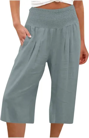 Womens Wide Leg Cropped Pants Loose Fit Smocked Elastic Waist Beach Palazzo Pant Comfy Flowy Solid Summer Trousers