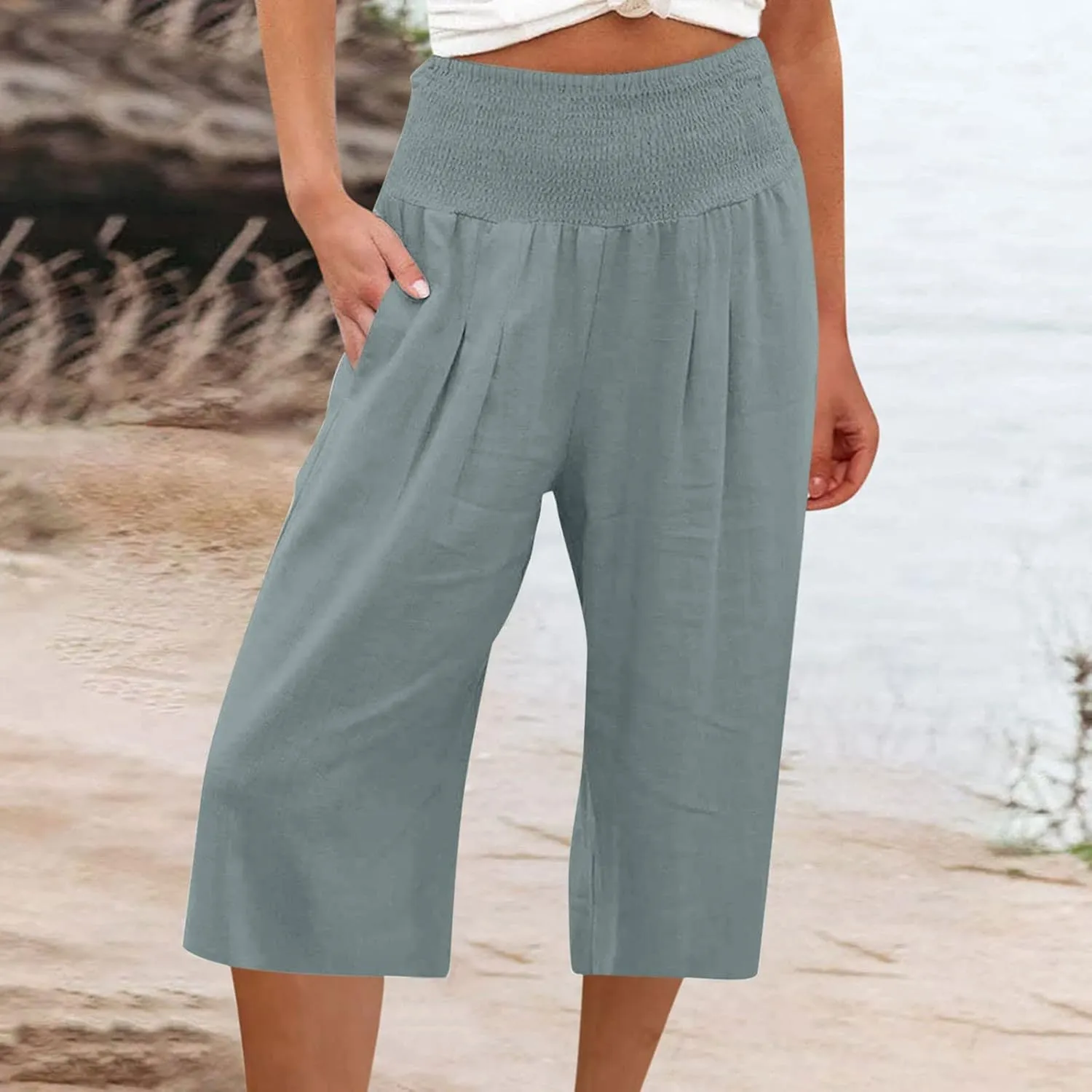 Womens Wide Leg Cropped Pants Loose Fit Smocked Elastic Waist Beach Palazzo Pant Comfy Flowy Solid Summer Trousers