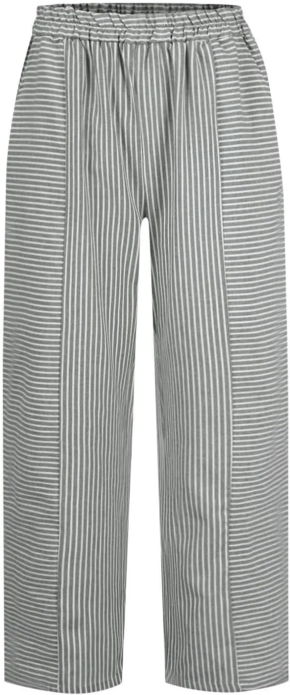 Women's Wide Leg Harem Pants Baggy Lounge Linen Elastic Waist Joggers Patchwork Straight Trousers with Pockets