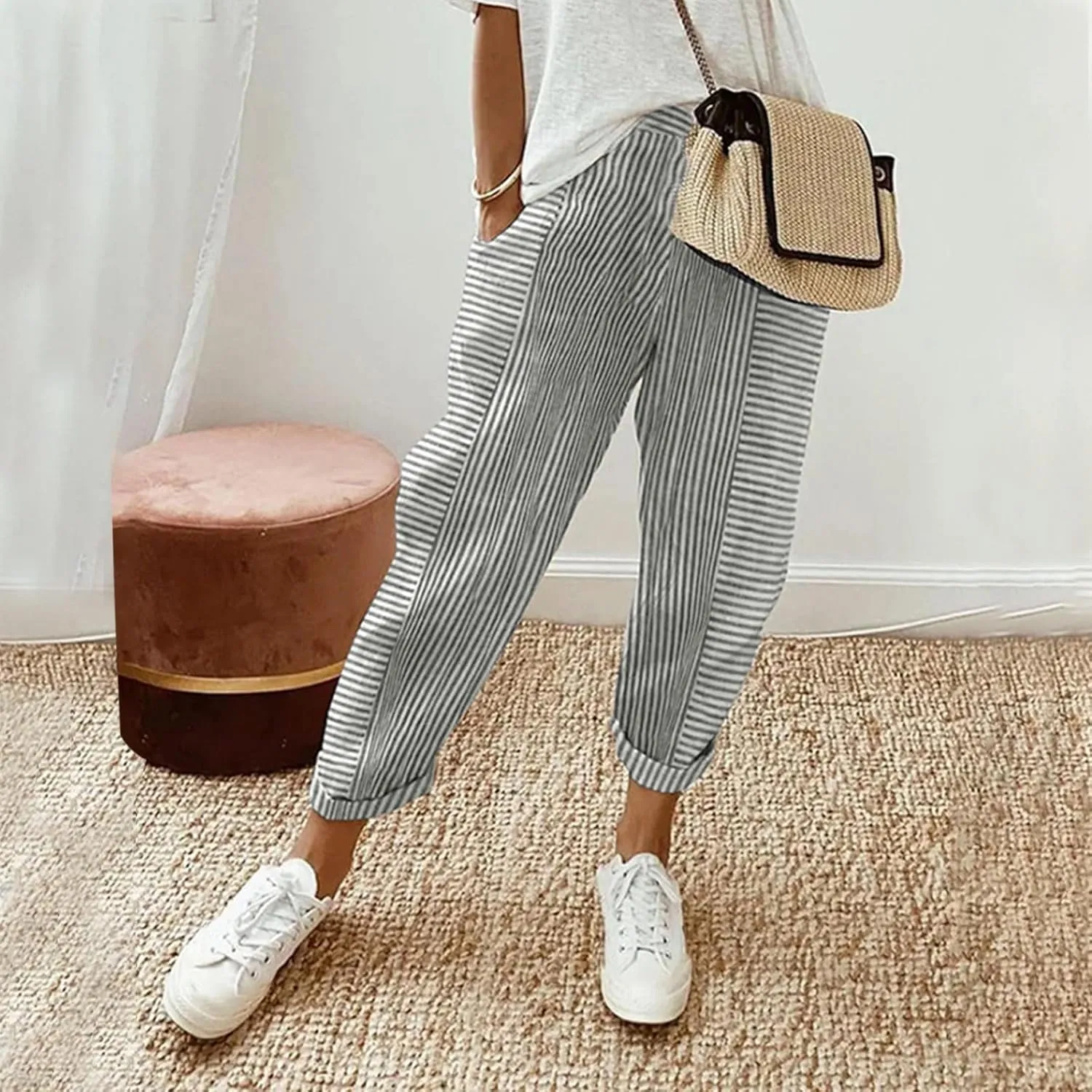 Women's Wide Leg Harem Pants Baggy Lounge Linen Elastic Waist Joggers Patchwork Straight Trousers with Pockets