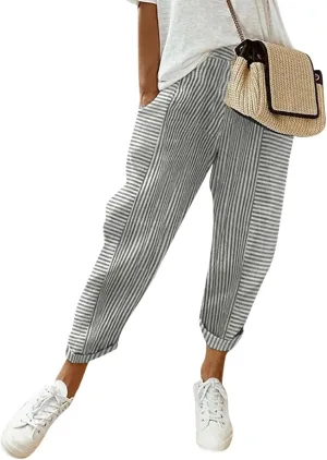 Women's Wide Leg Harem Pants Baggy Lounge Linen Elastic Waist Joggers Patchwork Straight Trousers with Pockets