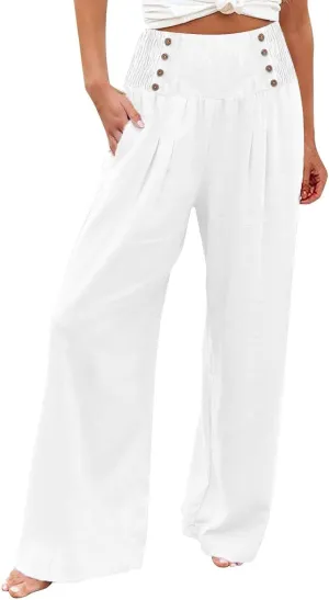 Womens Wide Leg Linen Pants High Waist Summer Casual Baggy Lounge Slacks Beach Boho Lightweight Trousers with Pockets