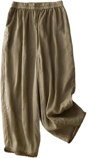 Womens Wide Leg Linen Pants Summer Elastic Waist Solid Lounge Trousers Casual Fashion Loose Vacation Palazzo Pants