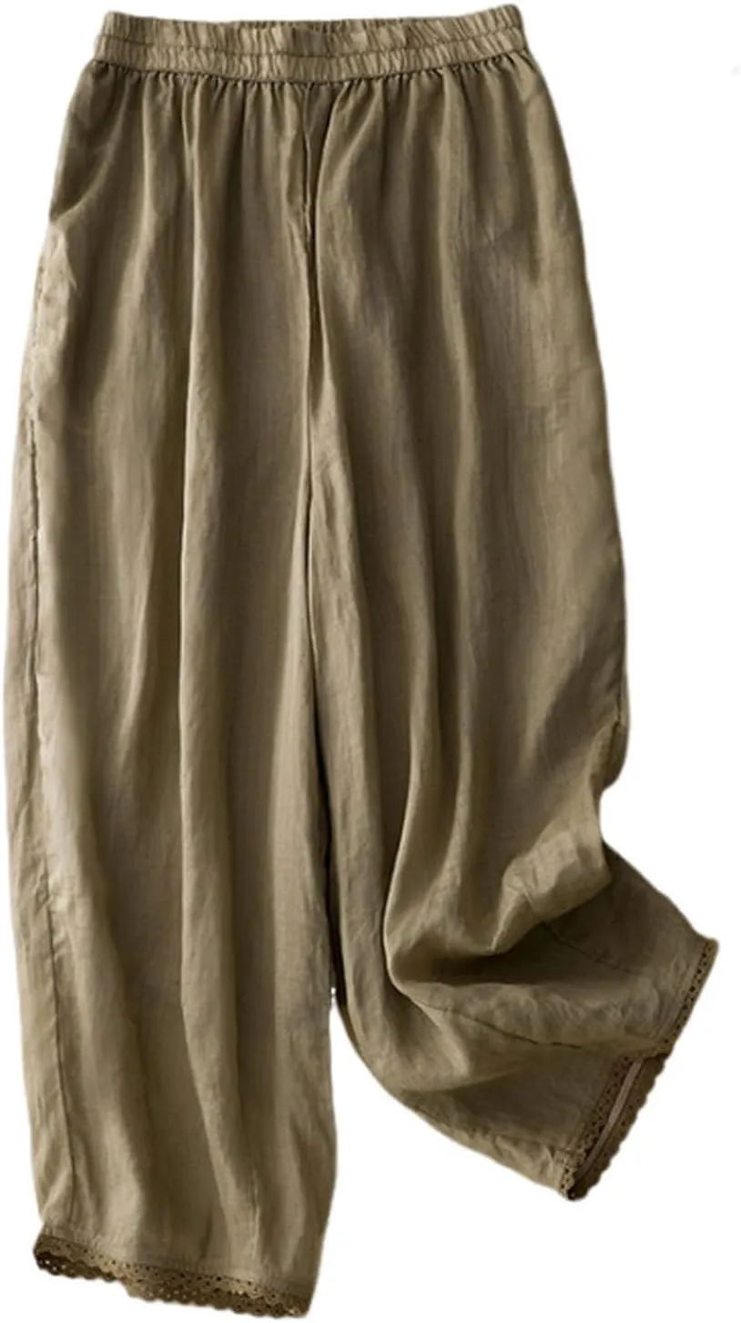 Womens Wide Leg Linen Pants Summer Elastic Waist Solid Lounge Trousers Casual Fashion Loose Vacation Palazzo Pants
