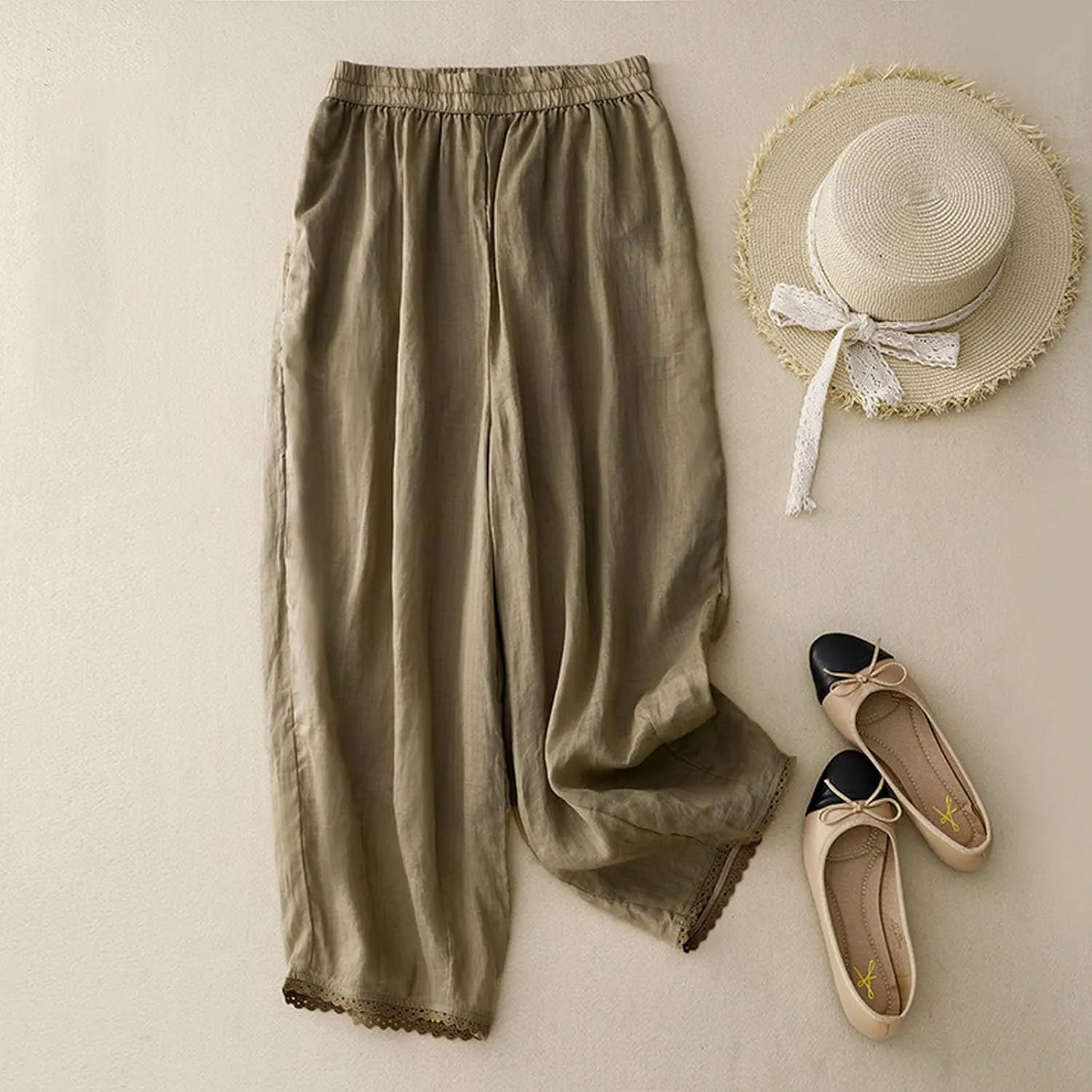 Womens Wide Leg Linen Pants Summer Elastic Waist Solid Lounge Trousers Casual Fashion Loose Vacation Palazzo Pants